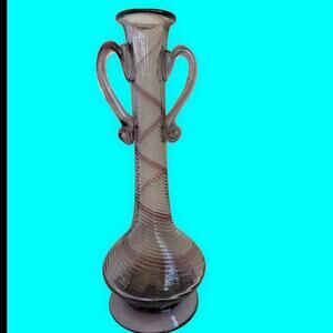Vintage Art Glass Vase Ewer with Handles Hand Blown 12" Ribbed Ribbon